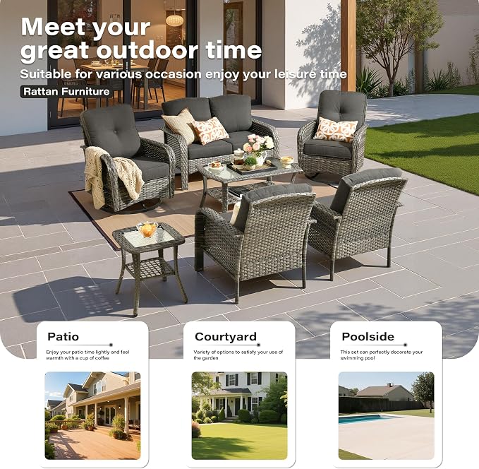 7 Pieces Patio Conversation Sets,Patio Furniture Set with Swivel Rocking Chairs,Coffee Table, Side Table, All Weather Rattan Wicker Outdoor Sectional Furniture Set for Porch Balcony Backyard Black