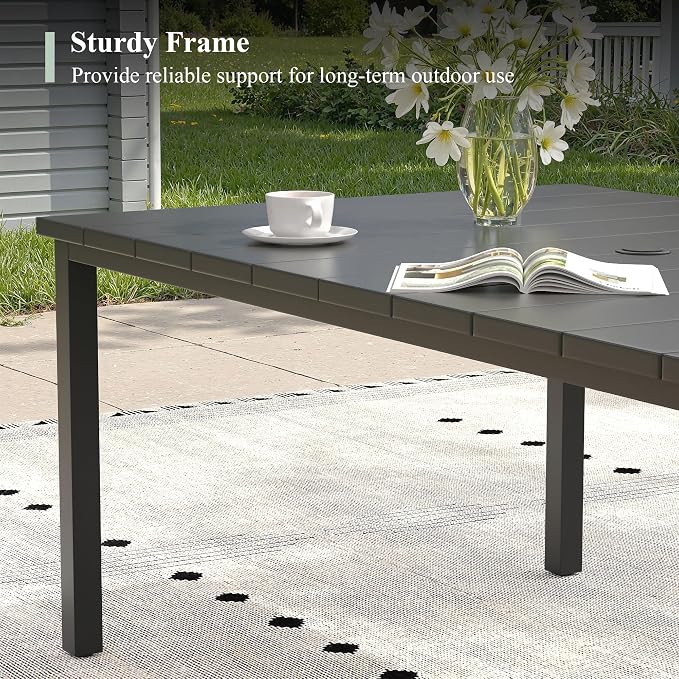 Outdoor Dining Set for 6, 63" Metal Rectangular Outdoor Dining Table with Umbrella Hole and Wicker Stackable Patio Chairs, 7 Pieces Patio Table and Chairs Set for Garden Backyard, Black