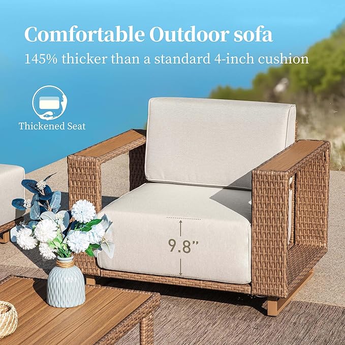 SUNSHINE VALLEY 4 Pieces Patio Furniture Set,Outdoor Rattan Wicker Chairs and Ottomans with 10''Ultra-Thick Cushions, Low Profile Patio Conversation Set for Lawn Garden Backyard,Beige