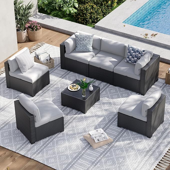 Aoxun 7 Piece Patio Furniture Set, Wicker Rattan Patio Sectional Sofa, Outdoor Furniture Set with Thickened Cushion, Light Gray