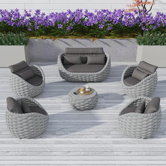 TWT 6-Piece Aluminum Patio Furniture Set, Olefin Rope Modern Outdoor Conversation Set Sectional Sofa with Water Repellent Thick Cushions and Coffee Table for Balcony, Garden, Light Grey