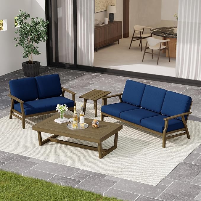 3 Pieces Patio Furniture Sets, Teak Wood Outdoor Sectional Furniture with Coffee Table, 5 Seats Patio Sofa Couch Conversation Set for Backyard Deck - Navy