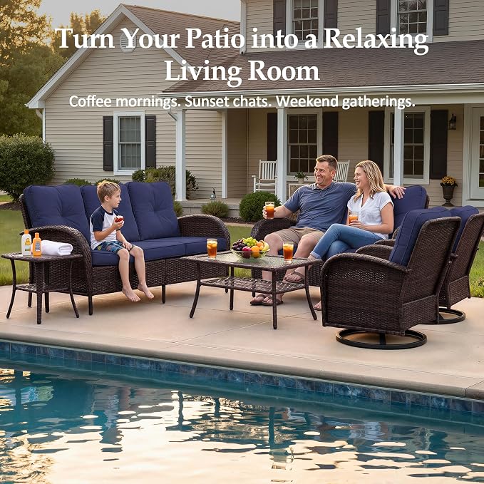 UPHA 6 Pieces Patio Furniture Sets, Wicker Outdoor Sofa Set with Loveseat & 3-Seat Couch, Swivel Chairs, Patio Conversation Set for Deck Backyard Garden, Brown Rattan, Navy Blue Cushion
