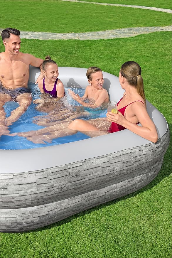 H20GO! TruPrint Stone Inflatable Family Swimming Pool, 7' x 6'9" x 21", with 2 Cup Holders and 2 Cushioned Seats for Kids 6 and Up, Gray