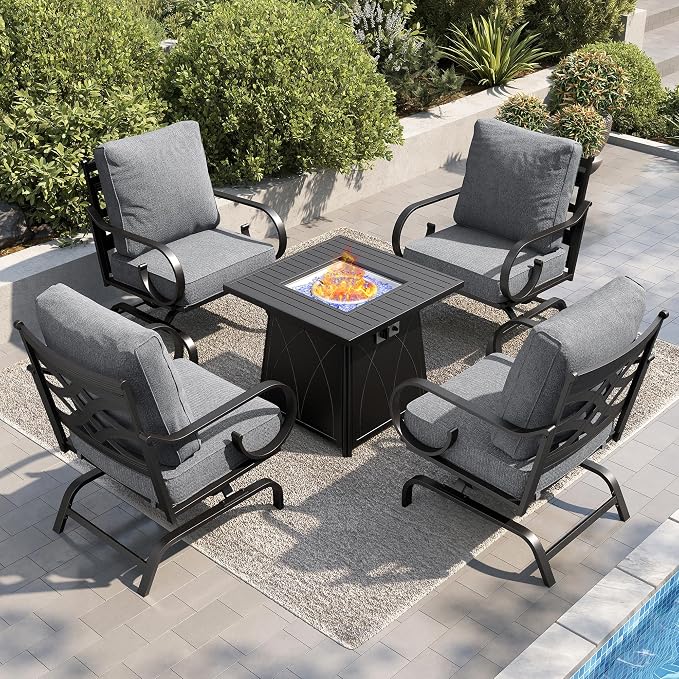 PHI VILLA Patio Furniture Set, 4 Rocking Chairs and a 28" Square Fire Pit Table, Outdoor Metal Conversation Set with 5.75" Extra Thick Cushion for Garden Backyard Deck, Grey