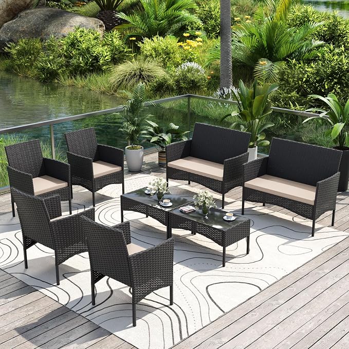 Gotland 8 Pieces Patio Furniture Set, Wicker Outdoor Furniture with 4 Chairs 2 Loveseats 2 Glass Coffee Tables, Weather-Resistant Patio Set, Conversation Set for Backyard Pool Porch Khaki