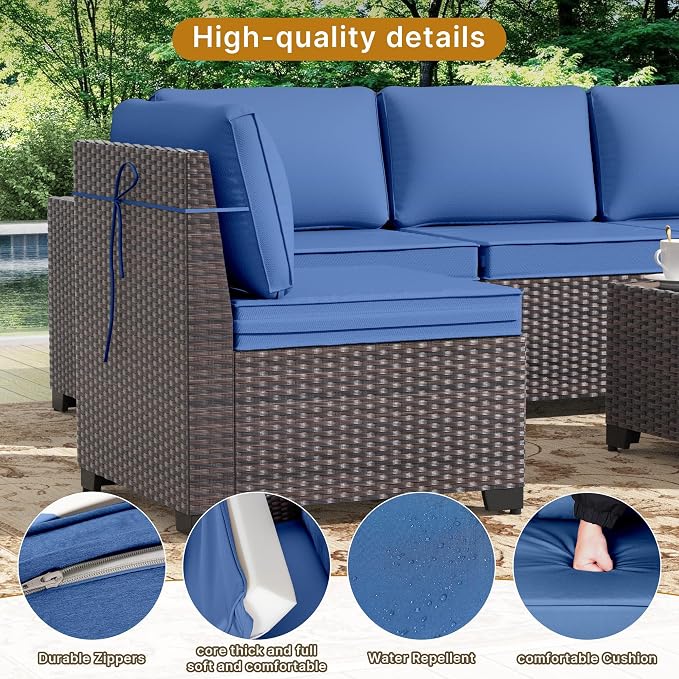 Gotland 7 Pieces Patio Furniture Set with 55000BTU Fire Pit Table, Wicker Patio Set with Wide Armrests 29.5'' High Backrest Thick Cushions 1 Coffee Table, Outdoor Furniture for Porch Deck Navy