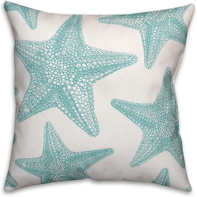 Teal Starfish Indoor/Outdoor Pillow | Decorative Pillows for Living Room Couch Bed Sofa Patio, Fluffy Soft Cushion | Water Resistant Teal, 18x18