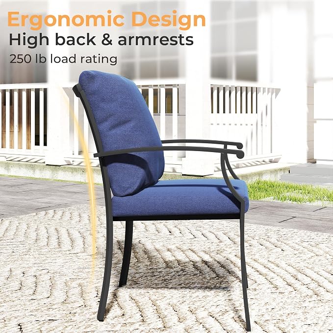 HAPPATIO 7-Piece Patio Dining Set, Outdoor Dining Set with Powder-Coated Metal,Dining Table with Umbrella Hole, 4 Stackable and 2 Swivel Chairs with Removable Cushions for Porch Pool Garden, Navy Blue