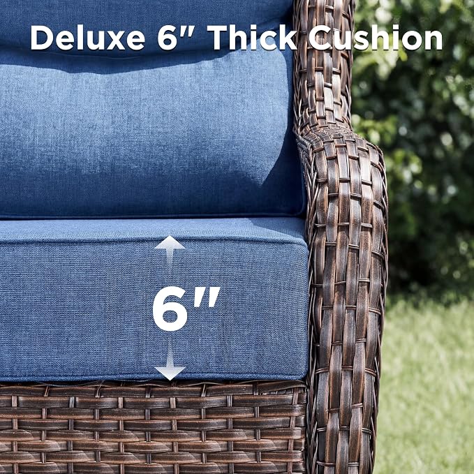 Luxury 5 Piece Patio Furniture Set-All Weather Outdoor Swivel Rocker Chairs with 6" Thick Cushions Multifunctional Ottoman Rattan Patio Conversation Sets for Porch Deck Garden Backyard(Brown/Blue)