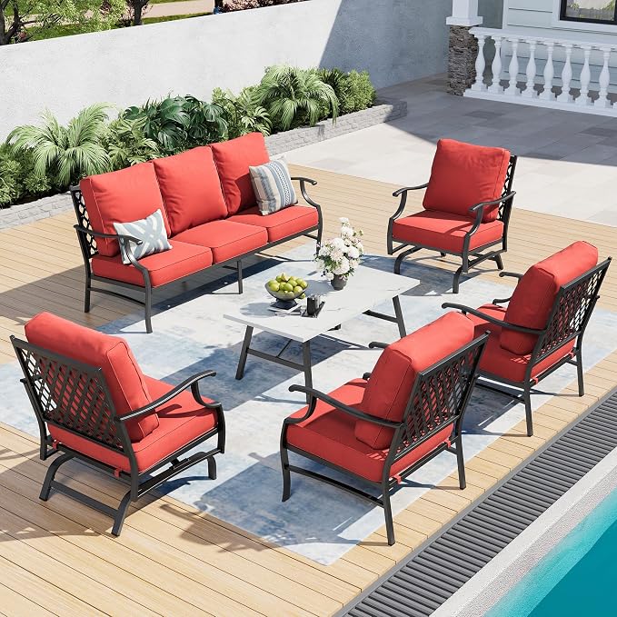 SUNSHINE VALLEY 6 Piece Metal Outdoor Patio Furniture Set, Patio Conversation Set 1 3-Seater Sofa, 2 Rocking Chair, 2 Leg Chair with 5.75" Thick Cushion and Coffee Table, Backyard Furniture Set, Red