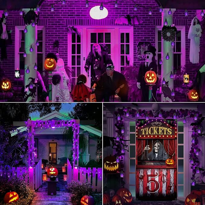 Solar String Lights for Outside, 33Ft Solar Patio Lights with 15 Flickering Flame Light Bulbs, Waterproof Purple Solar Powered Outdoor Lights for Garden Yard Patio Gazebo Bistro Cafe Porch Party Decor