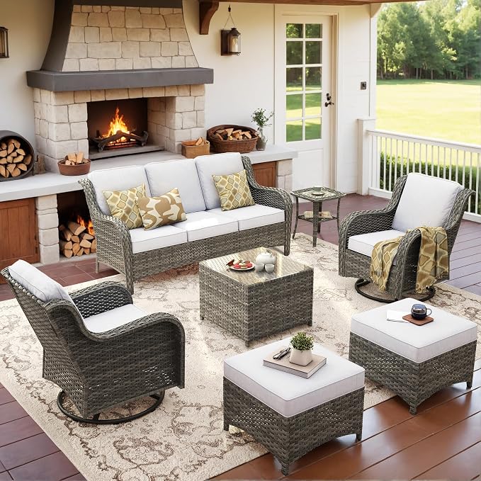 ovios 7 Pieces Patio Furniture Set with Swivel Rocking Chairs, Outdoor Wicker Sofa Couch Glass Coffee Table, All Weather High Back Modern Conversation Set, Grey Rattan, Grey