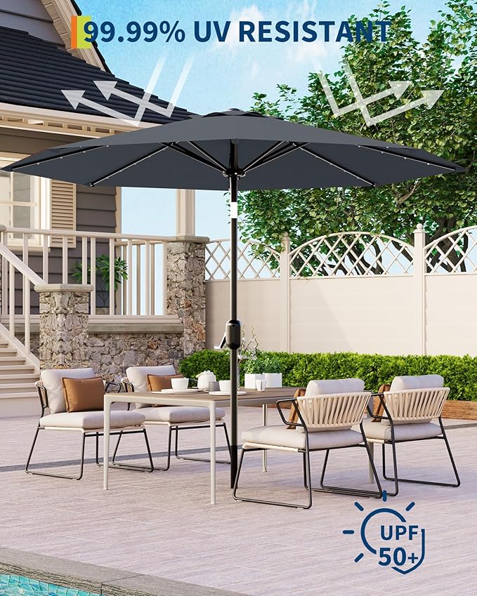 10 ft Patio Umbrella with Solar Lights, Outdoor LED Lighted Umbrella, 40 LED Lights & Tilt Crank, 8 Ribs for Poolside, Deck, Backyard