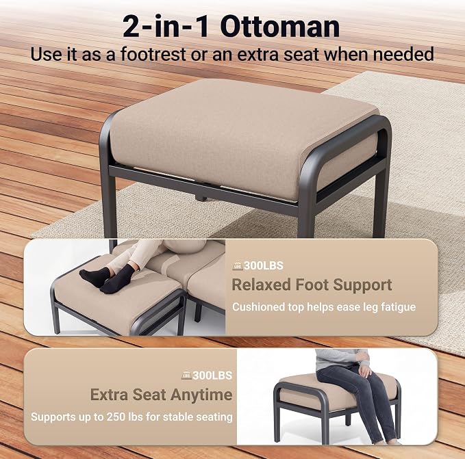Aluminum Outdoor Patio Furniture Set, 7-Piece Sectional Sofa with 5.1" Thick Cushions, Ottomans, 55,000 BTU Propane Fire Pit Table, Outdoor Couch for Backyard, Deck, Khaki