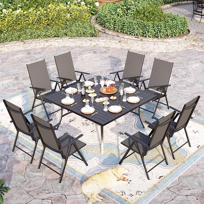 Sophia & William Patio Dining Set for 8, Metal Table & Black Folding Chairs | Light-weight & space-saving, Breathable & quick-drying, 8 person, Umbrella Hole, Weather-Resistant, Adjustable, Outdoor