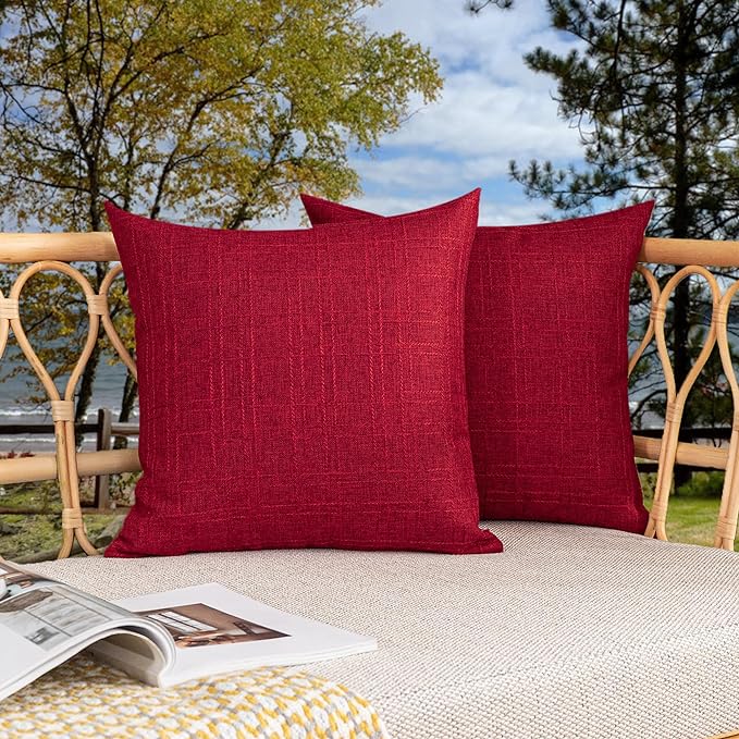 Kevin Textile Outdoor Waterproof 22”x22” Pillow Covers 2 Pack, Red | Water Resistant, Soft Faux Linen-cotton Yarn-dyed Woven Texture Throw Pillow Covers for Tent Patio Garden Couch Sofa
