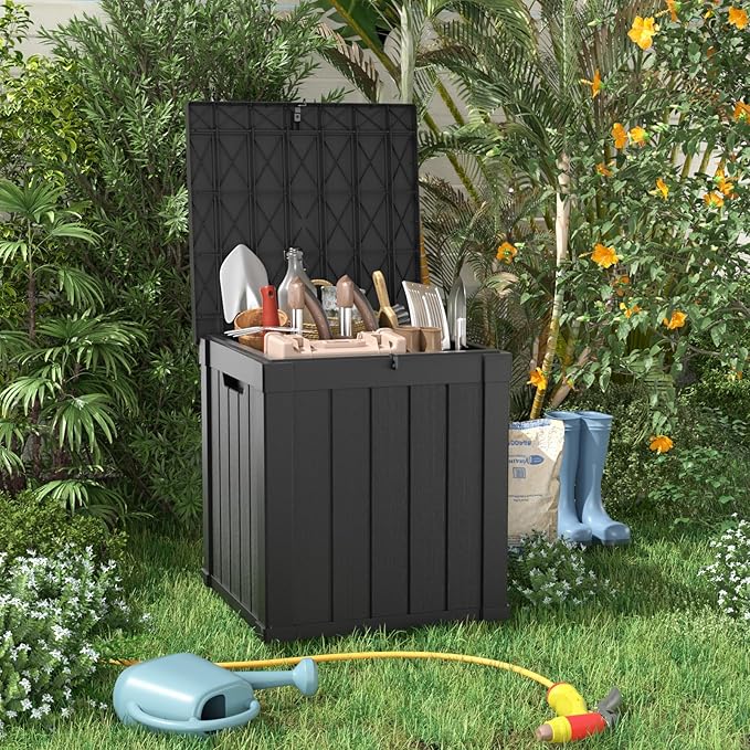 51 Gallon Outdoor Deck Box, Lockable Waterproof Outdoor Storage Boxes For Garden Tools,Indoor Cushions,Accessories Outside Storage Resin Weatherproof Container(Black)