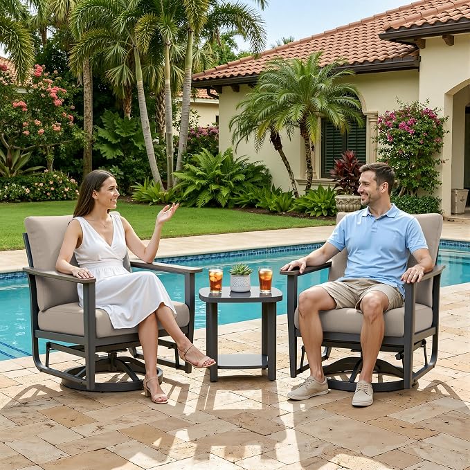 Aluminum Patio Swivel Rocking Chair Outdoor Bistro Set, 3PCS Patio Conversation Set Outdoor Patio Furniture Set with High Backrest & Thickened Cushions for Garden, Deck and Balcony, Sand