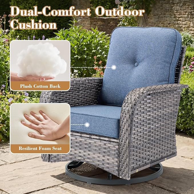 5 Pieces Patio Conversation Sets,Patio Furniture Set with Swivel Rocking Chairs and Coffee Table, All Weather Rattan Wicker Small Outdoor Sectional Furniture Set with Loveseat for Porch Balcony Blue
