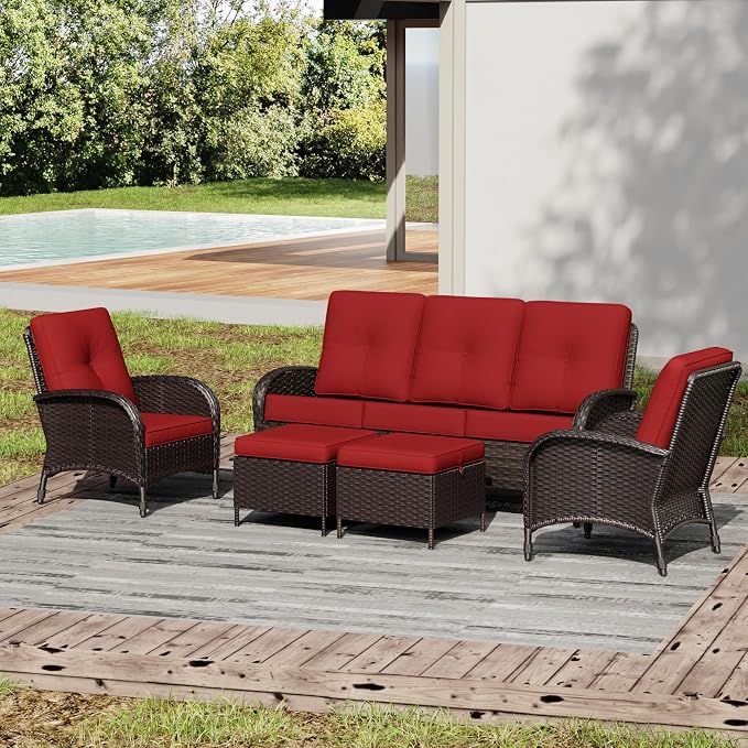 Joyside Wicker Patio Furniture Set, 5 Piece Outdoor Furniture Set with Thickened Cushions, High Back, Deep Seating, Wide Armrest, Rattan Outdoor Chairs for Porch, Deck