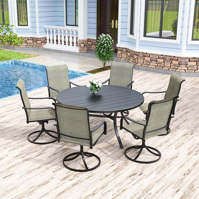 Anmutig 7-Piece Outdoor Dining Set, 54" Round Table with 6 Swivel Chairs All Weather Furniture Set for Lawn Garden, Light Tan