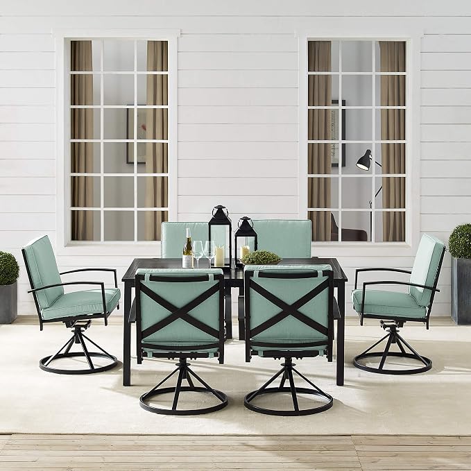 Crosley Furniture Kaplan 7-Piece Outdoor Dining Set for 6, Patio Table and Chairs for Backyard, Deck, Oiled Bronze with Mist Cushions