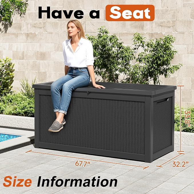 Outdoor Storage Box, Resin Deck Boxes Indoor and outdoor, Waterproof Storage Box Lockable Lid (Black,260 Gallon)
