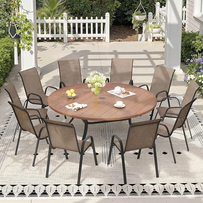 11 Pieces Outdoor Dining Set, 63" Round Table with Umbrella Hole & Stackable Patio Dining Chairs, Patio Table and Chairs Set for Deck Garden Porch, Brown Chairs & Walnut Table