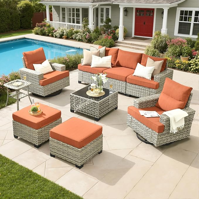 Rattan Patio Furniture Set with Swivel Chairs,9 Pieces Outdoor Sectional with Ottoman Glowing Coffee Table,Out Door Furniture Conversation Set,Orange Red