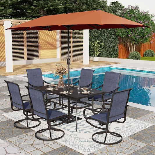 PHI VILLA 8 Piece Patio Dining Set with 13ft Patio Umbrella (Orange Red), 6 Outdoor Padded Swivel Dining Chairs & 1 Large Metal Dining Table for Lawn Garden Backyard (No Umbrella Base)