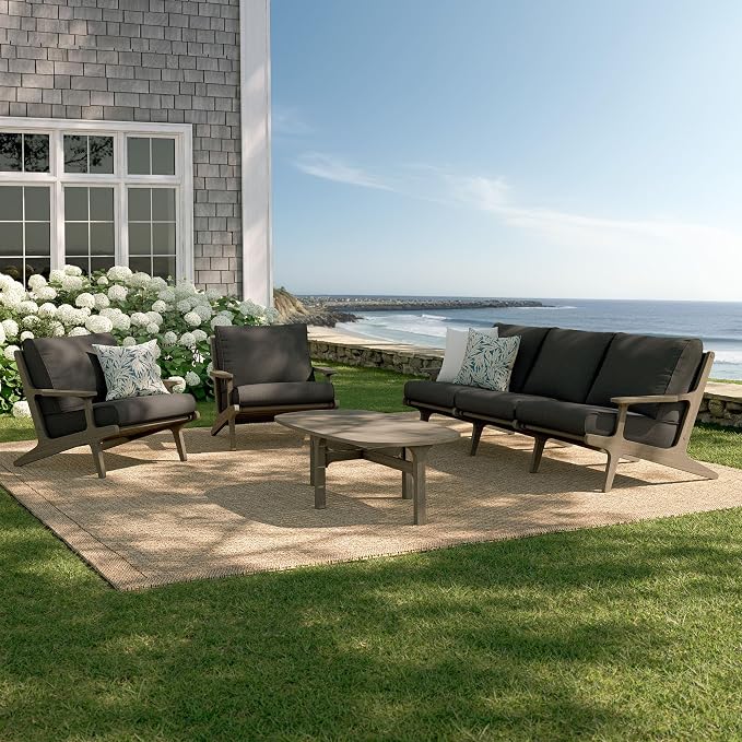 Modway Saratoga 4-Piece Teak Wood Outdoor Furniture Set in Weathered Gray Flint - Patio Conversation Set with Sofa, 2 Armchairs, and Coffee Table