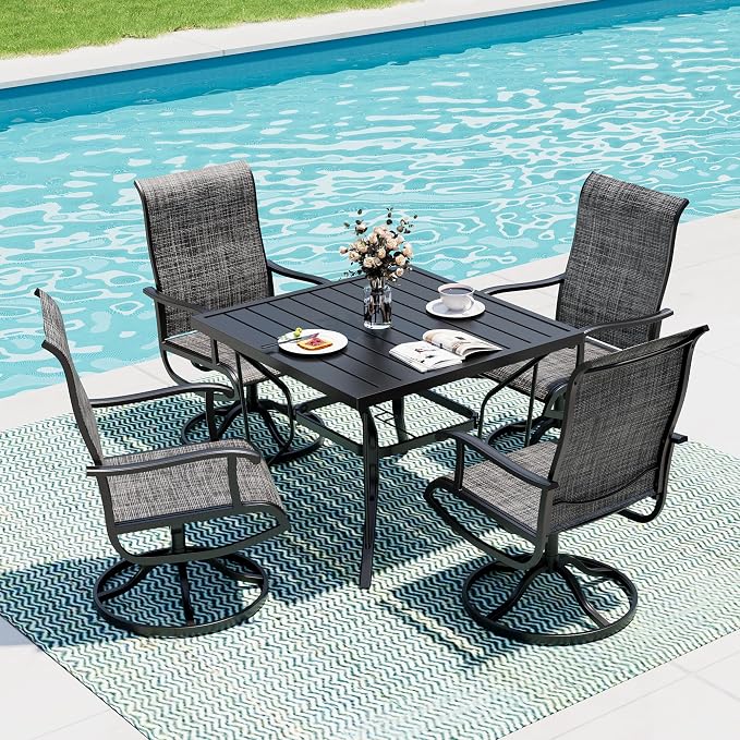 5-Piece Outdoor Dining Set, Patio Furniture Set with Textilene Swivel Chairs, Outdoor Table & 4 Chairs for Garden, Backyard, Poolside, Deck, Charcoal