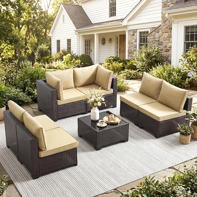 ANJ 7 Piece Outdoor Wicker Patio Furniture Set, Modular Loveseat Sofa with with Glass Top Coffee Table, All-Weather Rattan Conversation Couch Set for Balcony, Backyard, Dark Brown Wicker-Camel