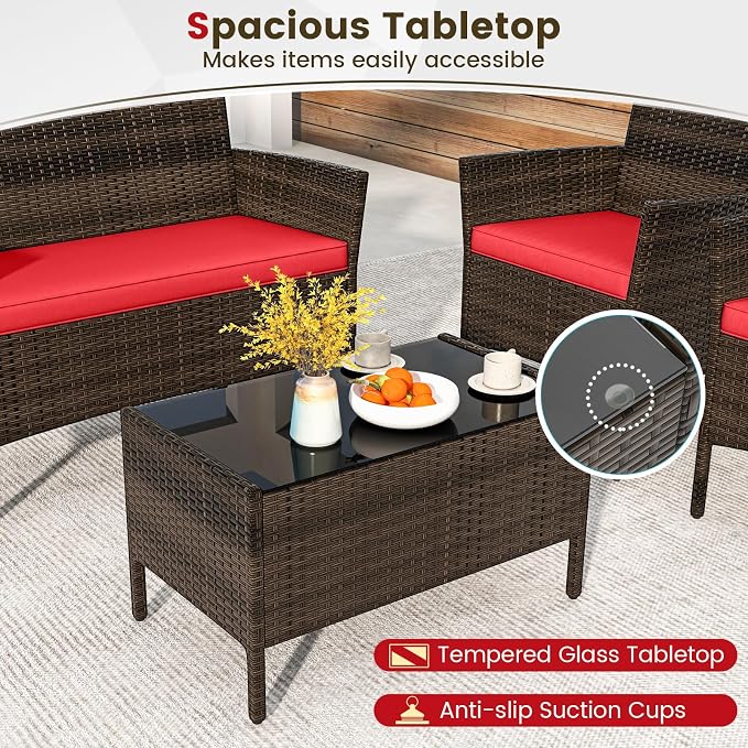 HAPPYGRILL 8 Pieces Outdoor Rattan Conversation Set, Patio Wicker Furniture Set with Loveseat Chairs & Tempered Glass Coffee Table, Outside Sectional Sofa Set for Backyard Garden Poolside, Red