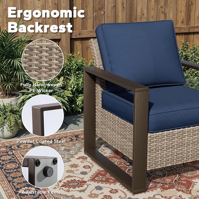Joyside Outdoor Patio Chairs Set, 2 Pieces Wicker Rattan Chairs with Metal Wide Armrest, Thick Cushions and Deep Seating for Garden, Backyard, Porch, Deck