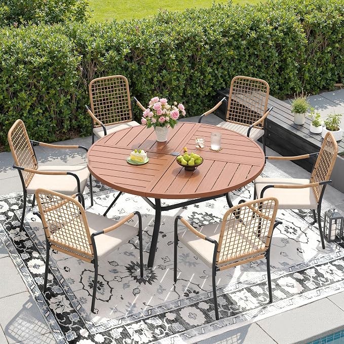 DIFY 7 Pieces Outdoor Dining Set, Metal Patio Table and Chairs Set for 6, 50" Round Dining Table with Umbrella Hole & Wicker Stackable Patio Chairs with Cushions, Walnut Tabletop