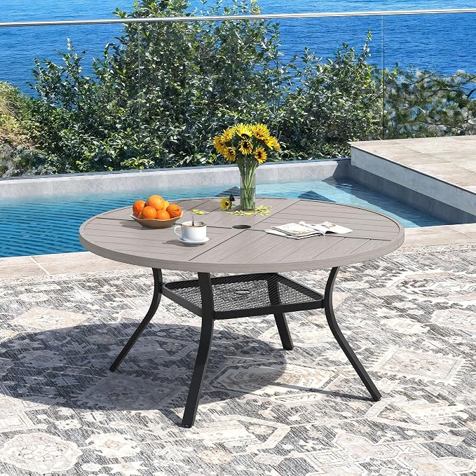 DIFY 7 Piece Outdoor Patio Dining Set for 6, 47.2" Round Dining Table with Umbrella Hole and Stackable Metal Chairs, Patio Table and Chairs Set for Backyard Garden Poolside, Grey Wood-Like & Sandshell