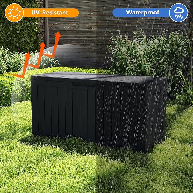 100 Gallon Deck Boxes Outdoor Waterproof, Outdoor Storage Box with Lockable Lid & UV-Resistant for Patio Furniture, Outdoor Cushions, Garden Tools and Pool Supplies, Black
