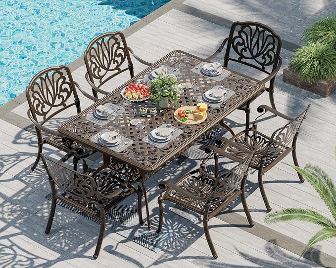 TITIMO 7-Piece Cast Aluminum Patio Furniture Set, Outdoor Patio Dining Set Bistro Conversation Set, All-Weather Rectangular Table w/Umbrella Hole (Bronze-Fixed Elizabeth Chair, 7 Pcs)