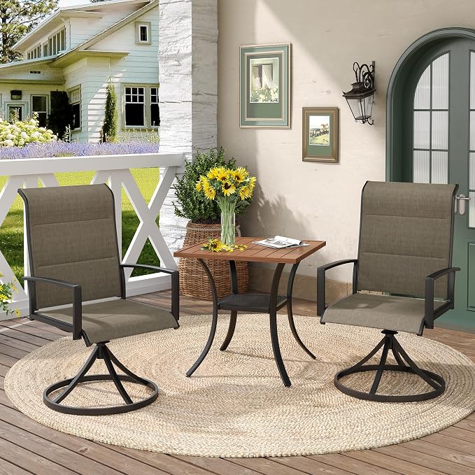 DIFY 3 Piece Outdoor Dining Set for 2, Patio Furniture Set with Padded Textilene Swivel Patio Chairs and 27.6" Small Square Metal Dining Table, Brown Fabric & Walnut Tabletop