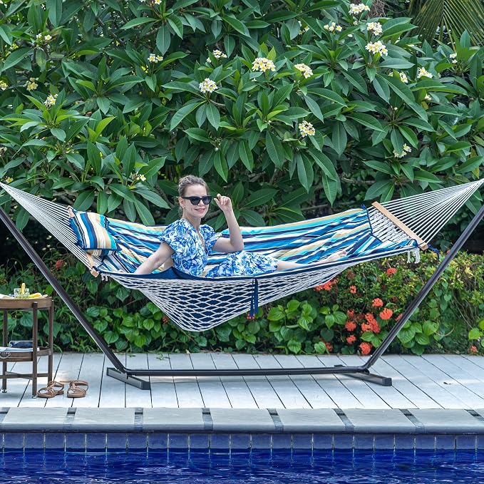 Lazy Daze Hammocks 2 Person Portable Hammock with 12FT Stand, Double Hand Woven Cotton Rope Hammock with Detachable Quilted Pad & Pillow for Outside, 450lb Capacity, Beach Stripes