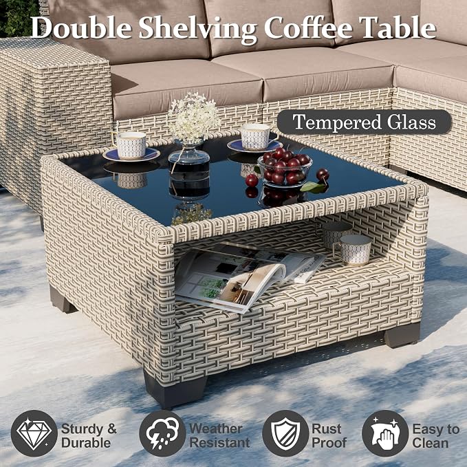 6-Piece Outdoor Patio Furniture Set, Modular Sectional Sofa Set with Glass Coffee Table and Cushions, Wicker Outdoor Couch Conversation Sets, Khaki