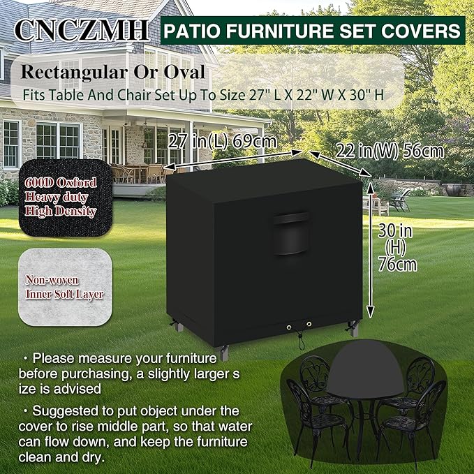 Heavy Duty Patio Furniture Covers Waterproof, 600D Outdoor Furniture Cover Waterproof for Sectional Sofa Couch, Outdoor Dining Table and Chair Set Covers 27''L x 22''W x 30''H, Black