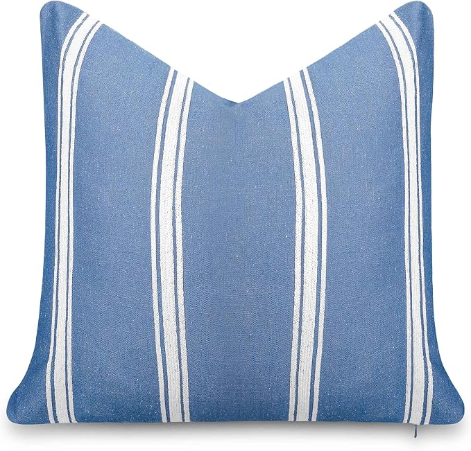 California Casual Coastal Indoor Outdoor Throw Pillow Cover, 20"x20" Water Repellent for Patio, Backyard, Couch, Poolside, Azure Blue White Embroidered Stripes