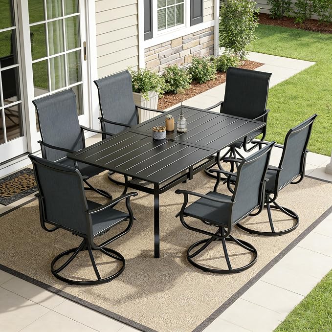 SUNCROWN 7-Piece Outdoor Patio Dining Set, All Weather Rectangular Metal Table & 6 Black Swivel Textilene Mesh Chairs, Weather Resistant Patio Furniture for Deck Lawn Garden Backyard Poolside