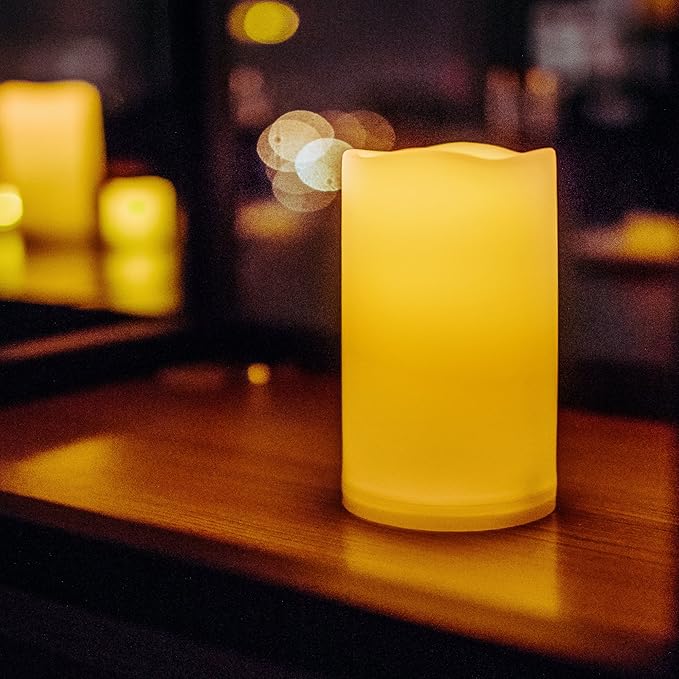 iZAN Outdoor Indoor Flameless Candles with Timer Waterproof Plastic Realistic Flickering Battery Operated LED Pillar Candles Long Lasting 1500 Hours Battery Life 3x5 inch Waved Edge 2-Pack