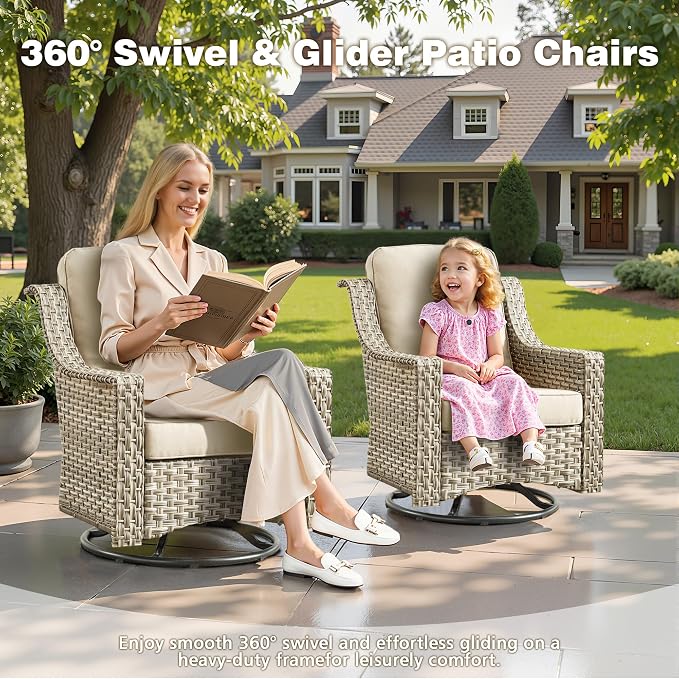 CAODOC 11 Pieces Outdoor Patio Furniture Set, Rattan Wicker Sectional Swivel Rocker Chairs Sets with Fire Pit, Swivel Glider Chairs, and Solar Powered Table