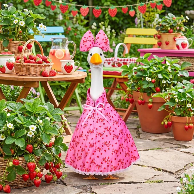 Abbylike Strawberry Porch Goose Outfit Summer Strawberry Costume Clothes for 23'' Cement Goose for Summer Garden Porch Statue Yard Pathway Decorations