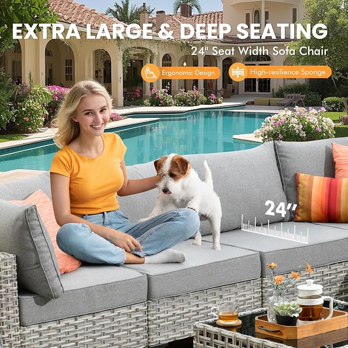 Outdoor Sectional Patio Furniture Set with Glowing Table,5 Pieces Wicker Conversation Sets L Shaped Couch Out Door Sofa Set Outside Furniture for Garden Deck Yard Porch,Dark Grey